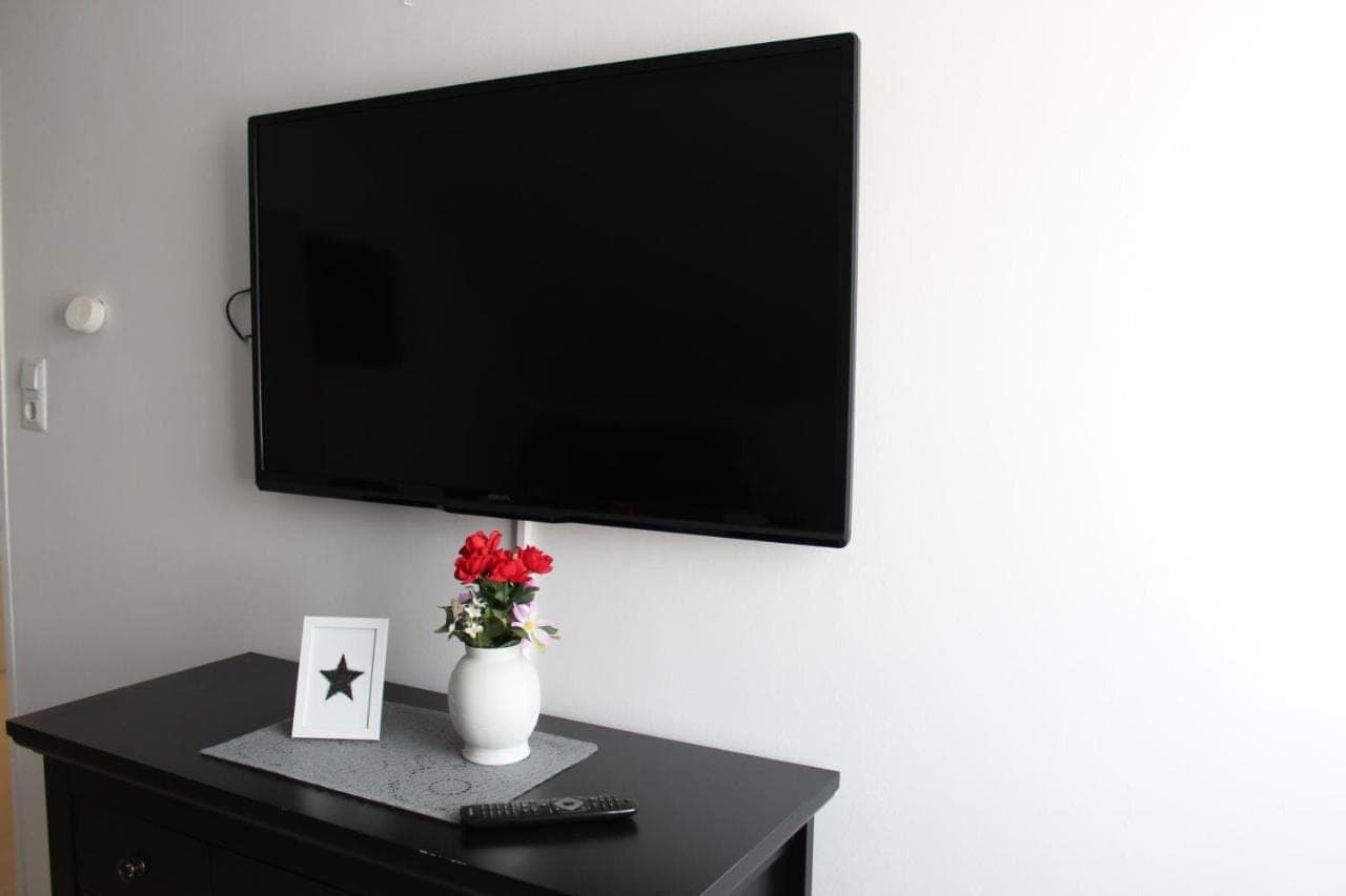 Großer Flachbildfernseher mit frischen Blumen